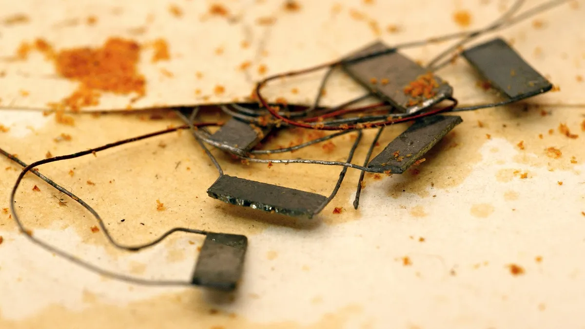 Small sensor chips with fine wires scattered on a workbench